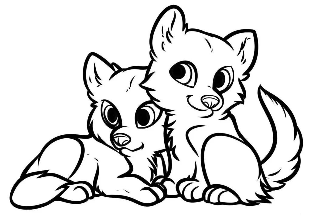 Lobinhos adoráveis em PDF para colorir. Filhotes de lobo em desenho animado transmitindo alegria.
