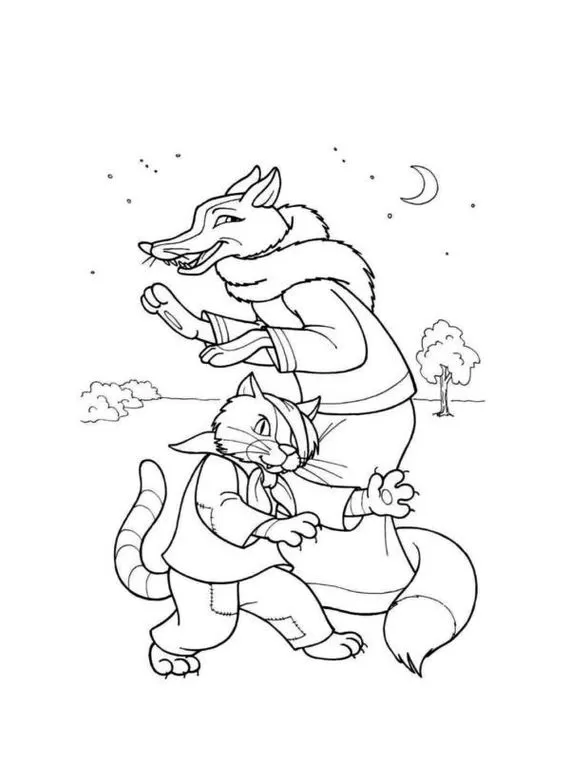Desenho para colorir de lobo mau em PDF: Gato e raposa sob a luz da lua.