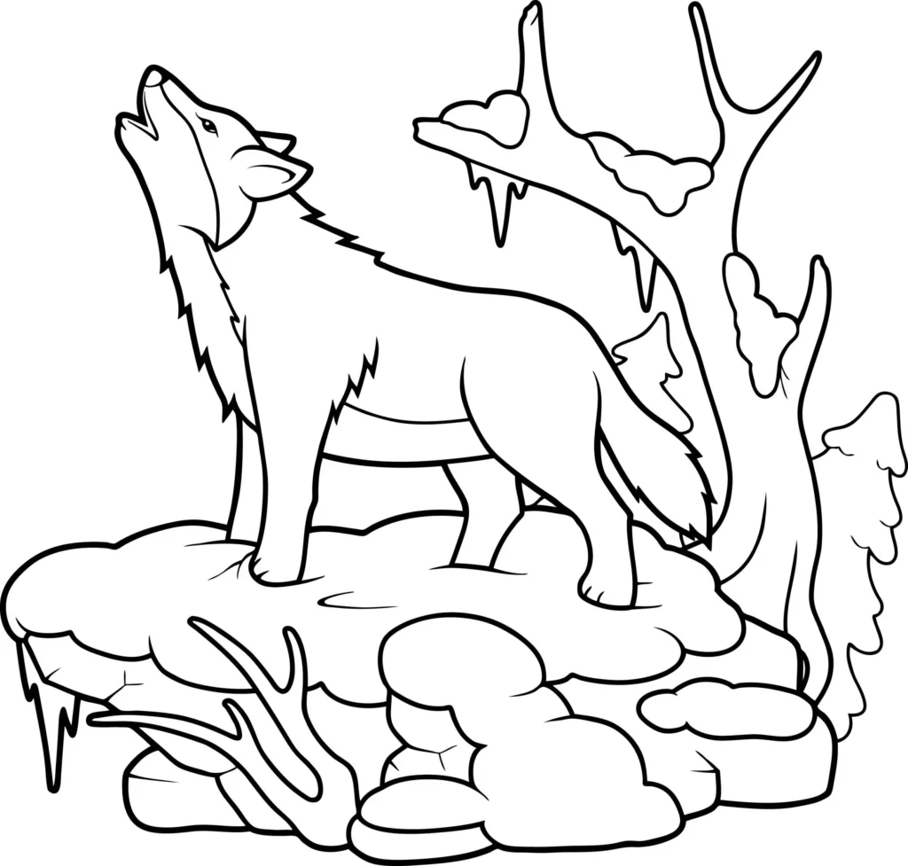 Lobo uivando na neve: desenho para colorir em PDF