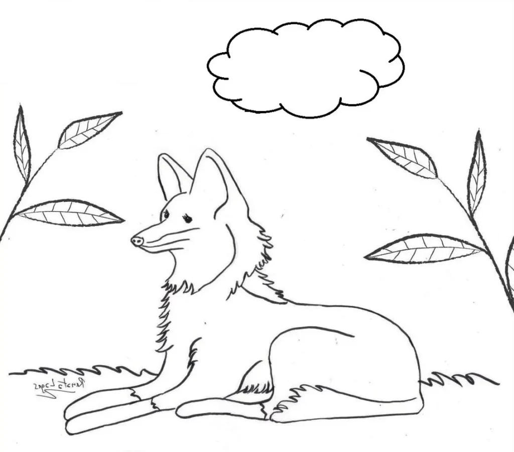 Lobo repousando em meio à vegetação: desenho para colorir em PDF.