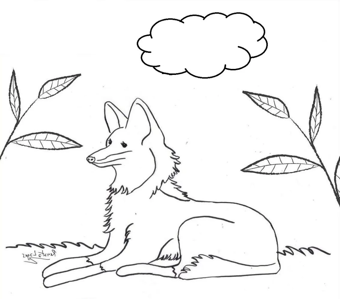 Lobo repousando em meio à vegetação: desenho para colorir em PDF.