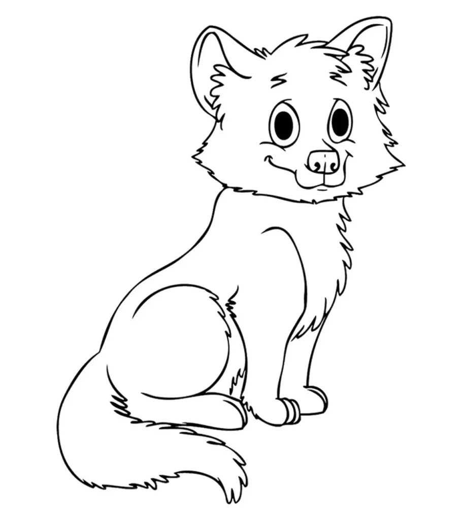 Lobo para colorir em PDF: desenho simpático com orelhas pontudas e cauda curvada.