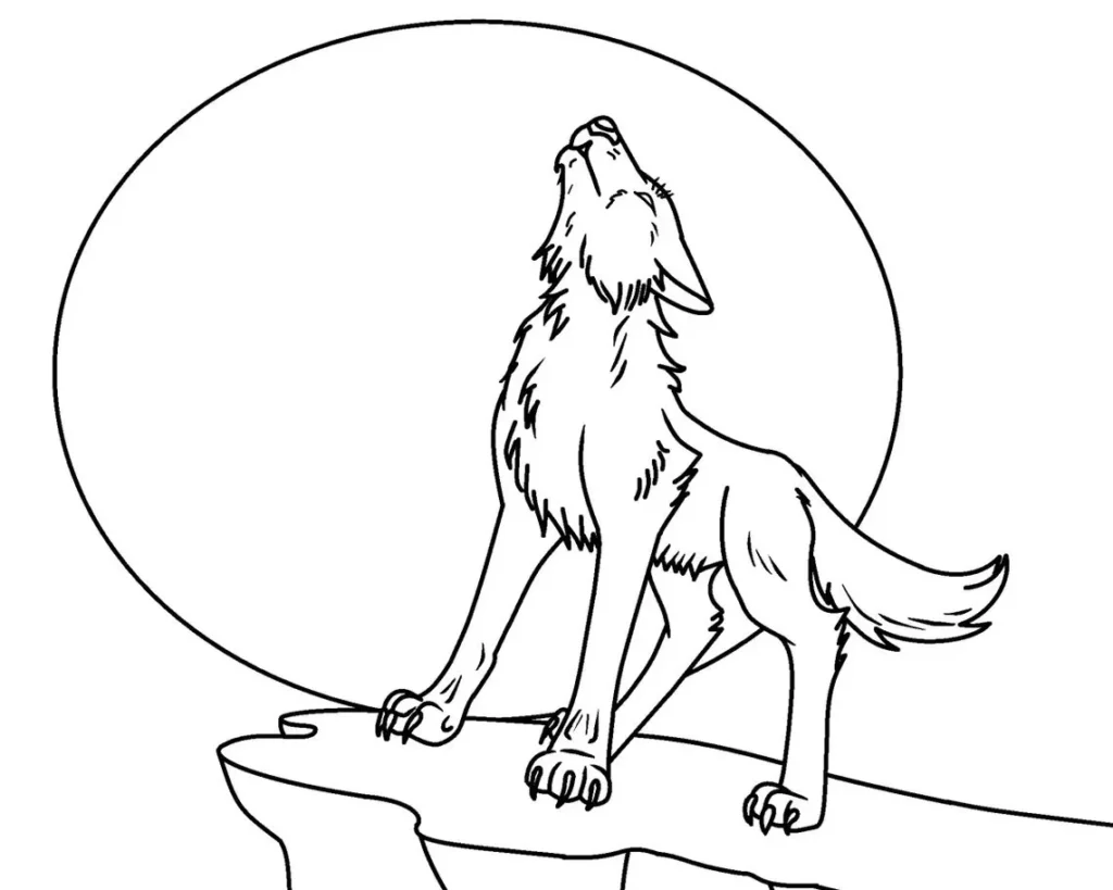 Lobo uivando sob a lua cheia: desenho para colorir em PDF.