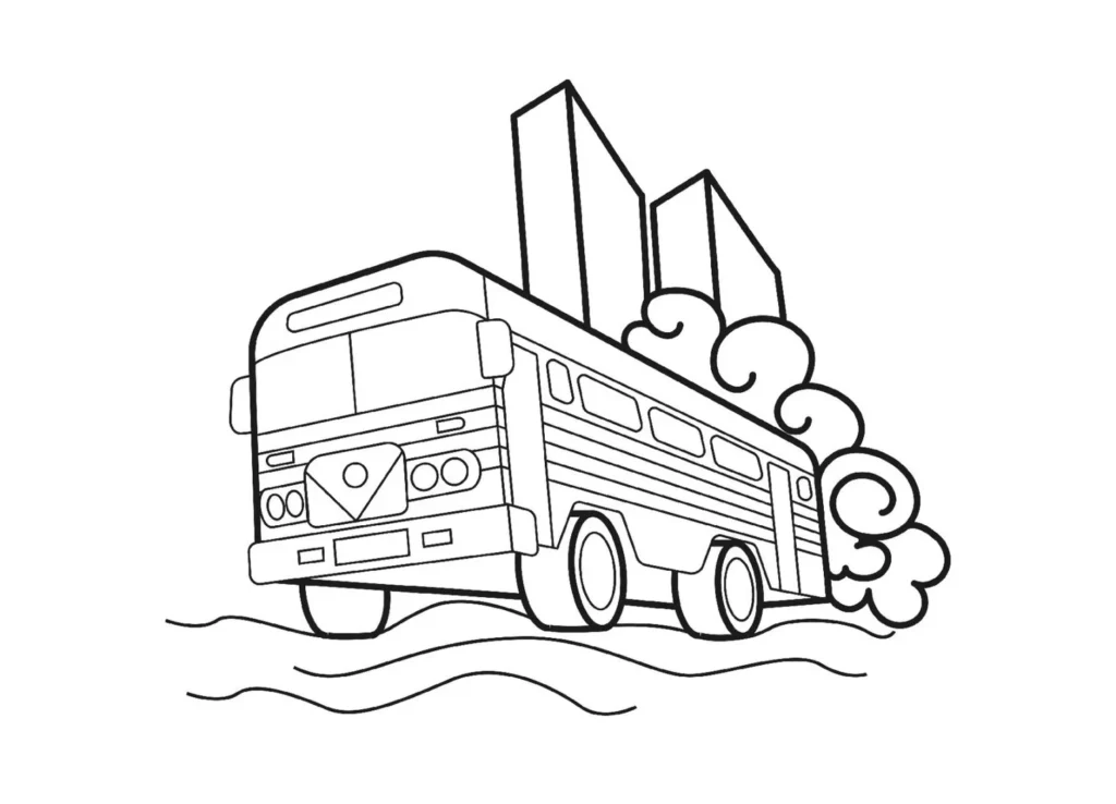 Desenho de ônibus Blusão para colorir em PDF: arte de ônibus escolar com edifícios ao fundo, ideal para atividades criativas.
