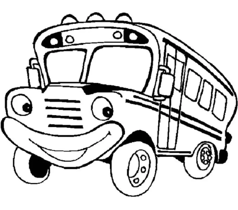 Desenho de ônibus escolar sorridente para colorir. Caricatura divertida com olhos grandes e janelas retangulares.