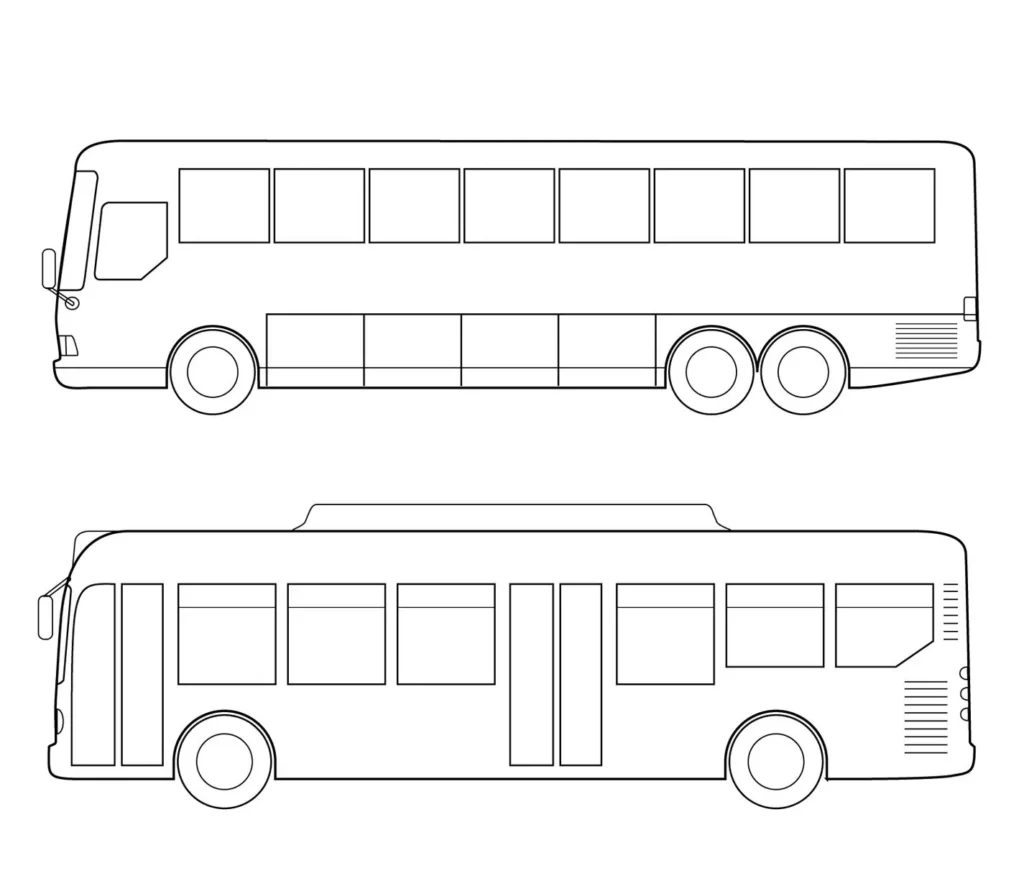 Desenhos de ônibus grandes para colorir em formato PDF. Modelos rodoviário e urbano.