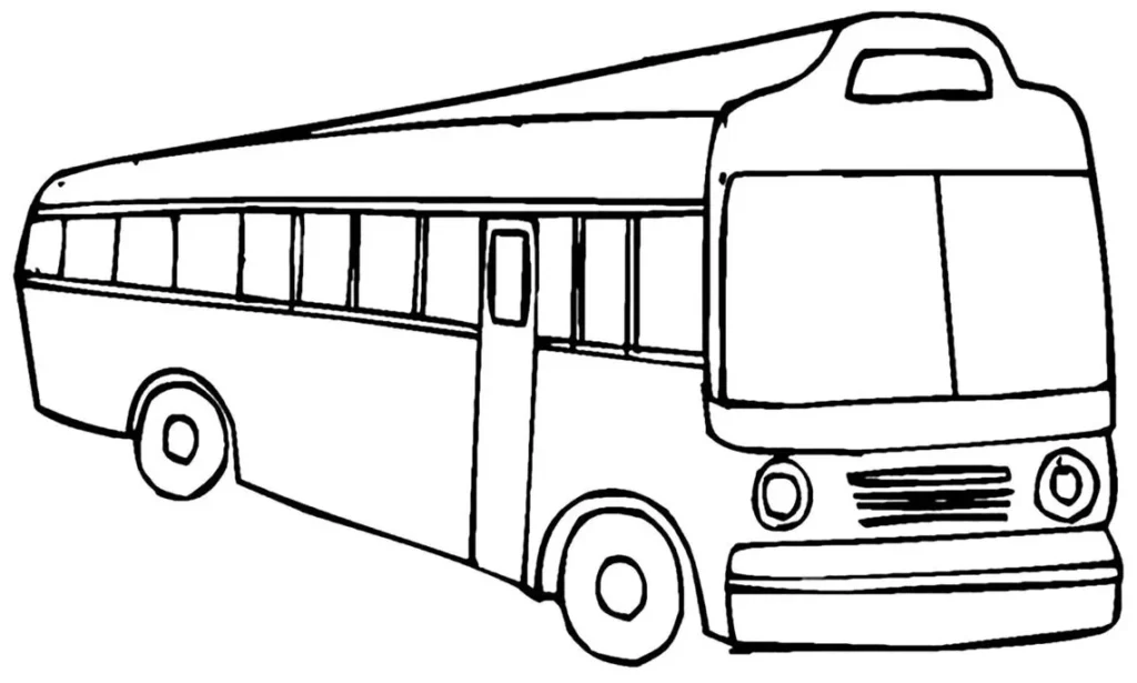 Ônibus escolar para colorir em PDF. Desenho lateral de um ônibus longo com diversas janelas retangulares, porta central e frente arredondada com faróis.