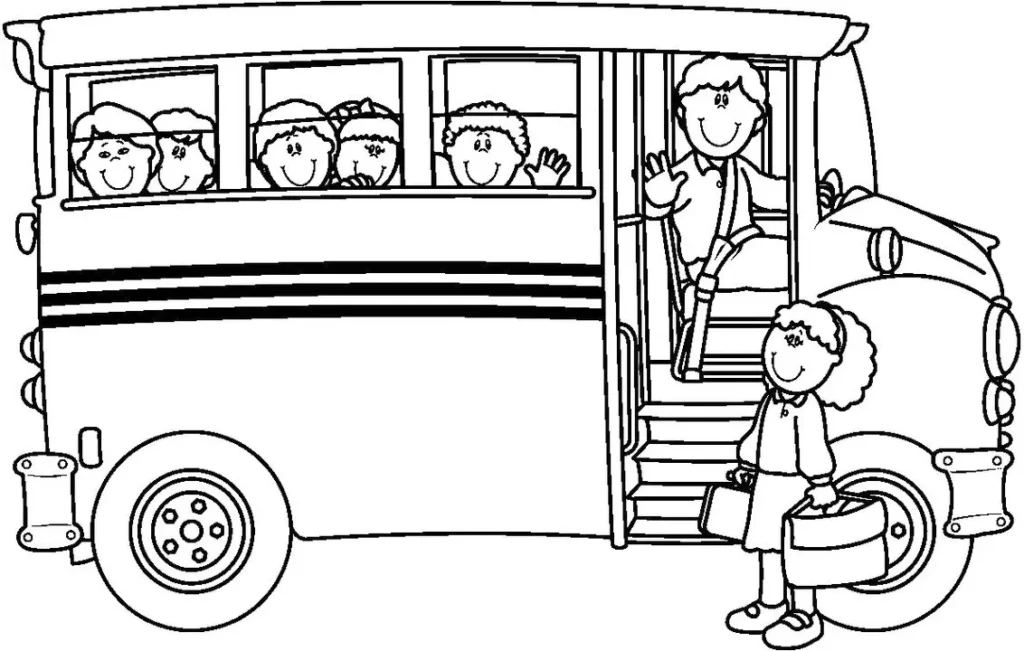 Ônibus escolar com crianças para colorir em PDF. Crianças dentro do ônibus e menina com malas aguardando.