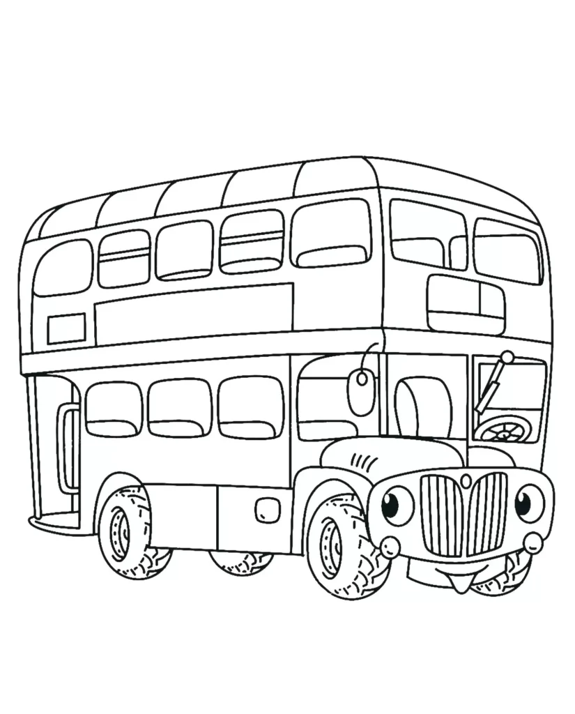 Ônibus de dois andares para colorir em PDF: modelo com janelas, pneus e faróis.