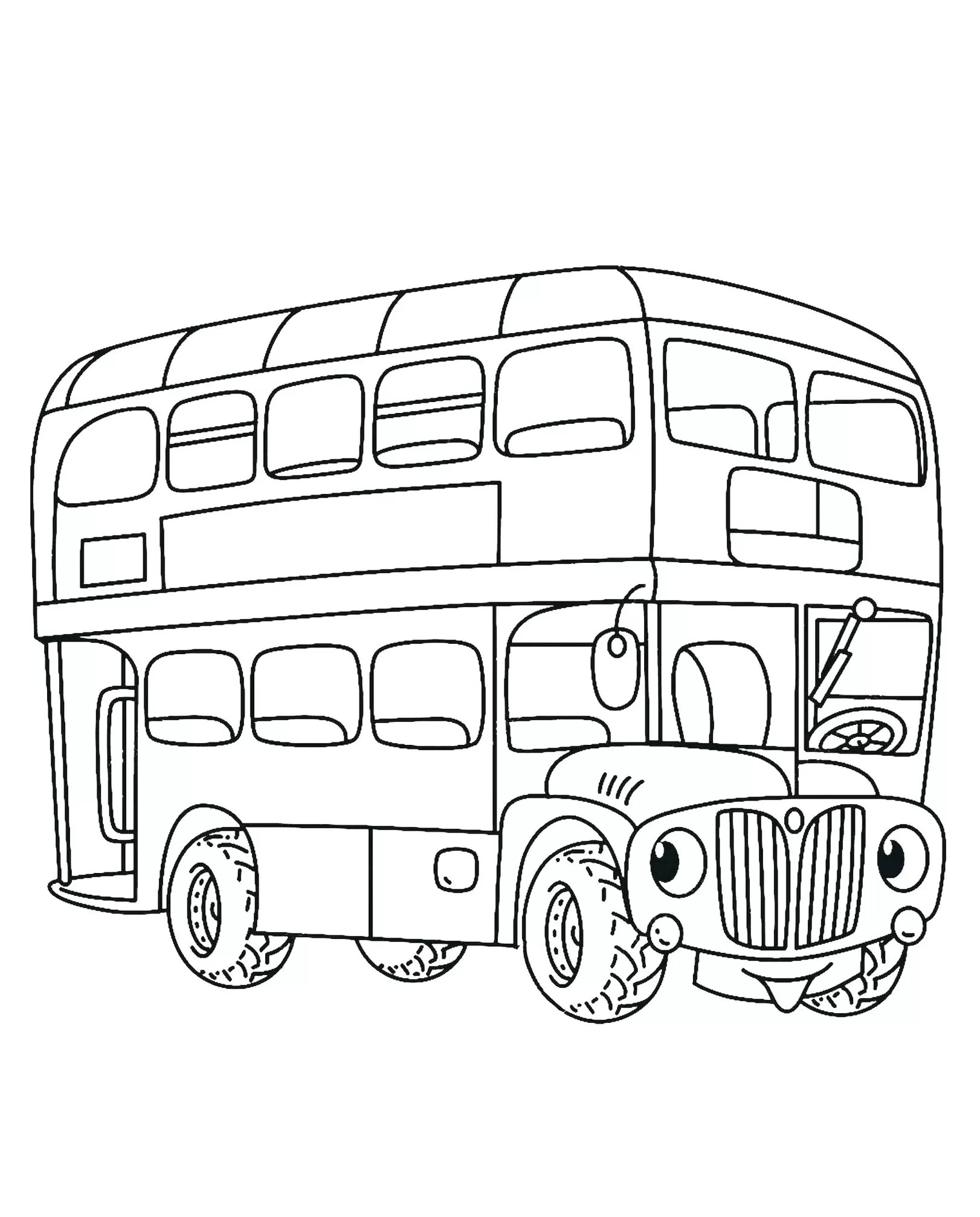 Ônibus de dois andares para colorir em PDF: modelo com janelas, pneus e faróis.