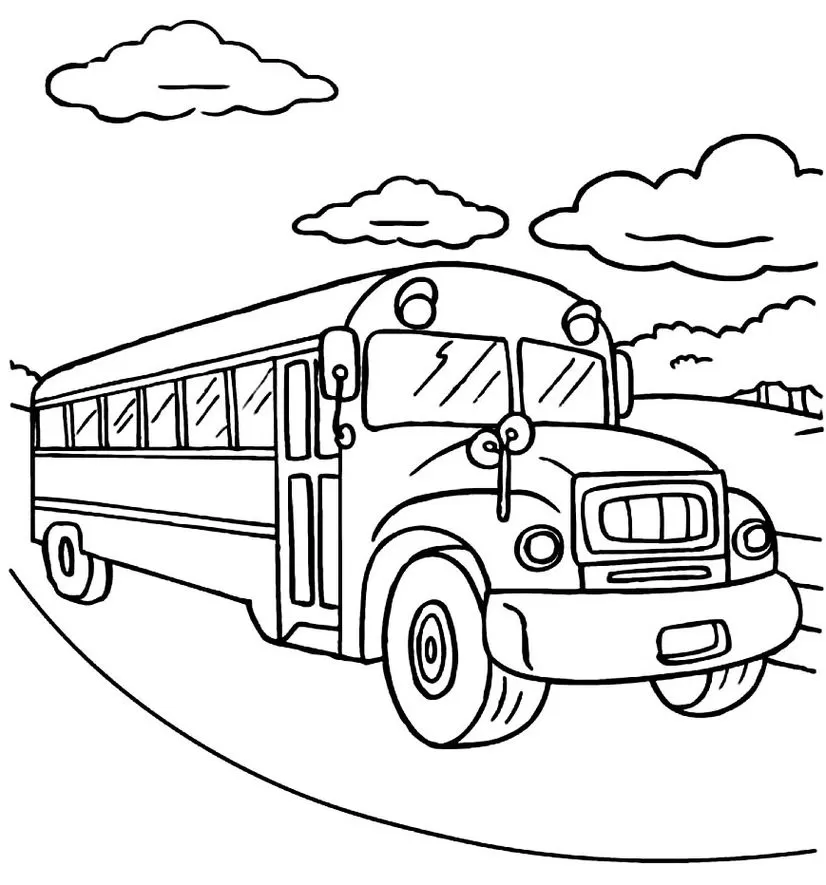 Ônibus escolar com pessoas para colorir em PDF. Desenho simples de um ônibus na estrada com céu ensolarado.