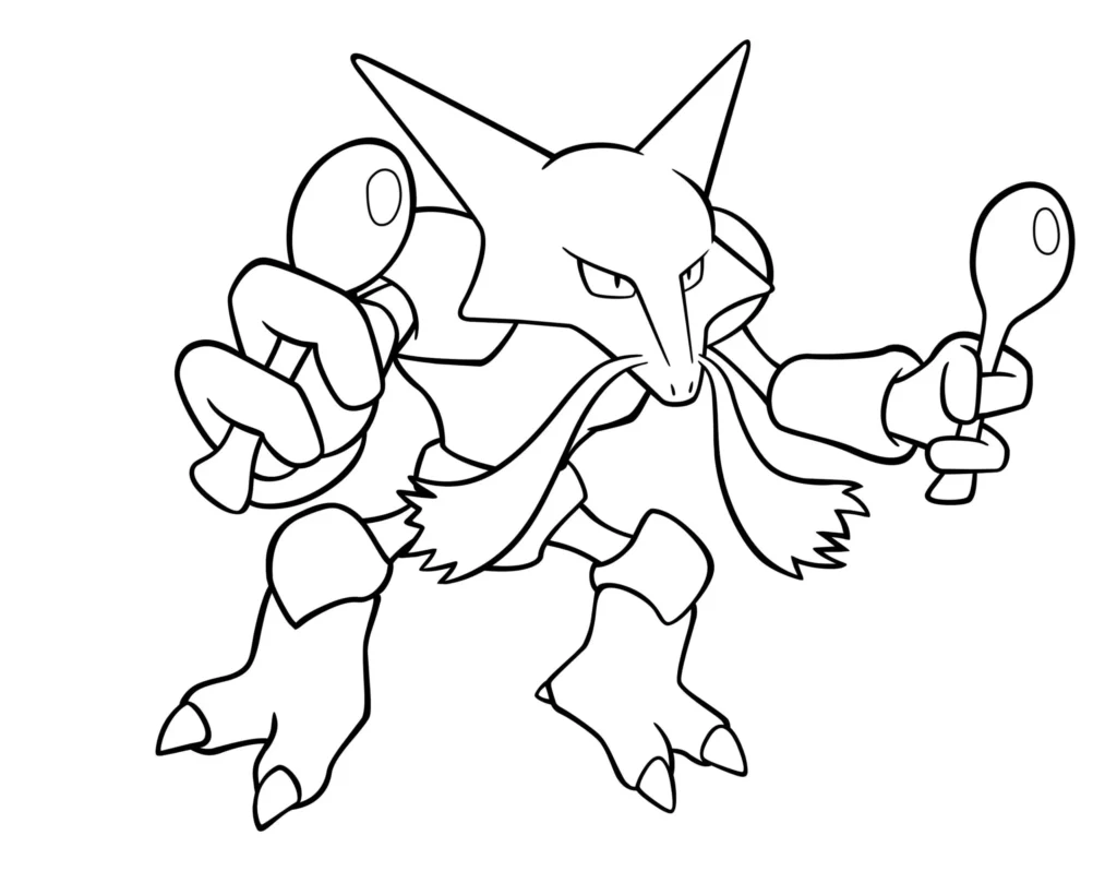 Alakazam para colorir: Desenho do Pokémon Alakazam em pose clássica, ideal para atividades criativas.