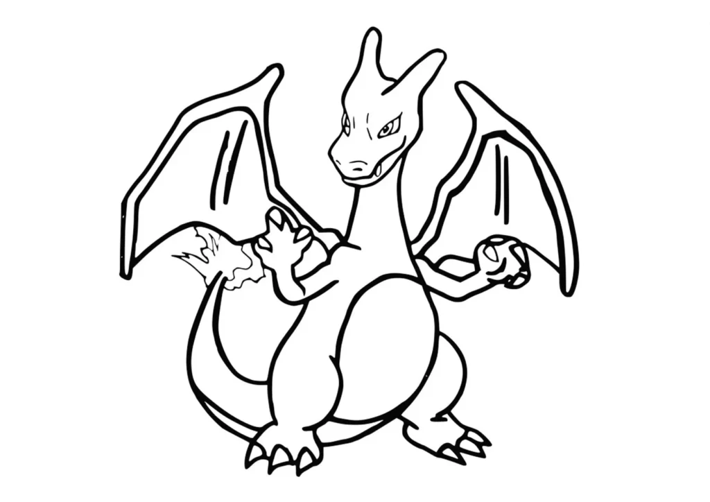 Charizard para colorir: Desenho detalhado do Pokémon Charizard pronto para imprimir.
