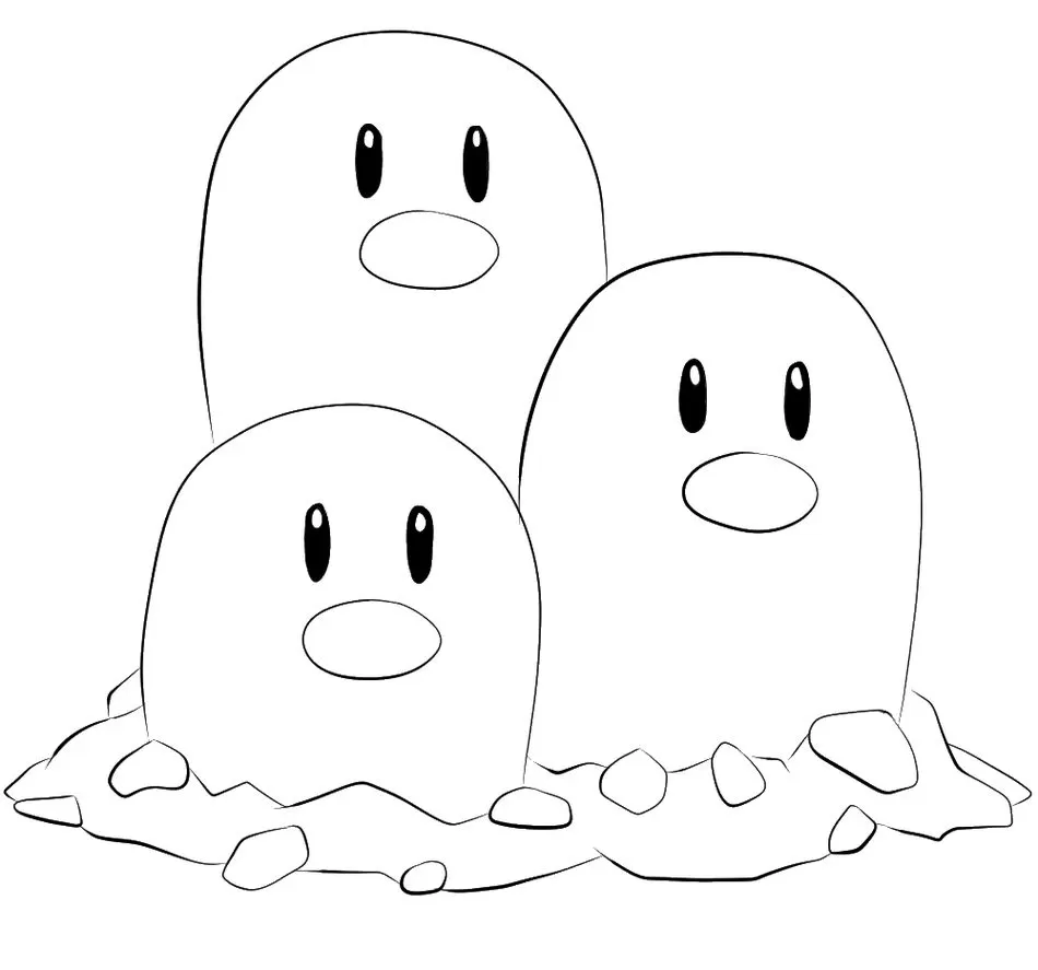 Dugtrio Pokémon para colorir: Desenho do Tricavou emergindo da terra.