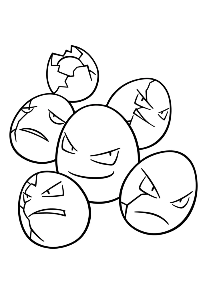 Exeggcute para colorir: Desenho do Pokémon Executinho com ovos expressivos.