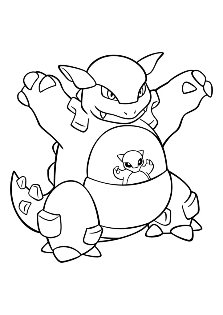 Kangaskhan para colorir: Desenho amigável do Pokémon com filhote.