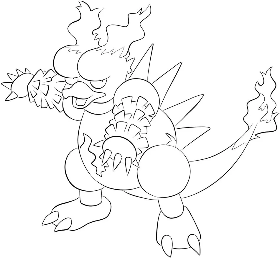 Pokémon Magmar para colorir: Magmiguana com corpo segmentado e chamas.