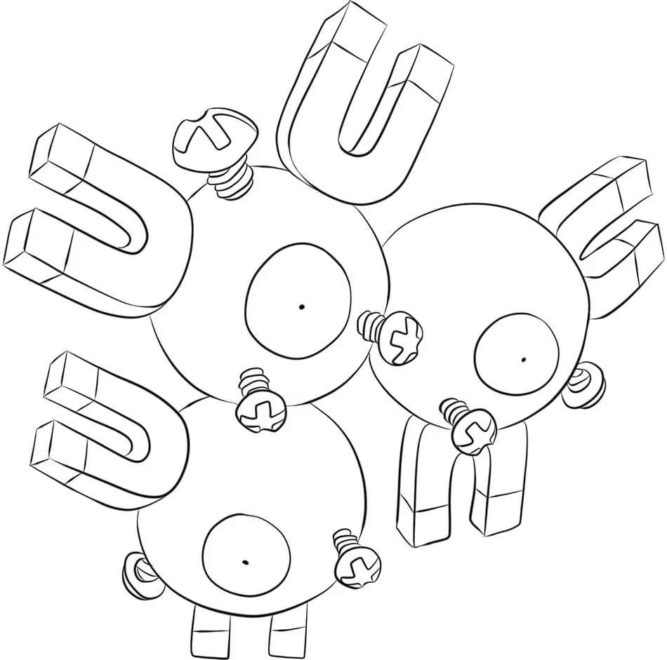 Magneton: Pokémon Magnético de Aço/Elétrico para colorir. Três Magnemites unidos por ímãs.