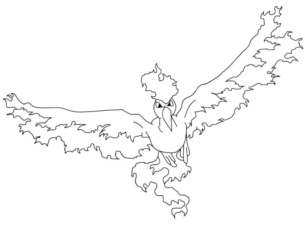 Moltres para colorir: Desenho de Pokémon lendário de fogo com asas e cauda flamejantes.