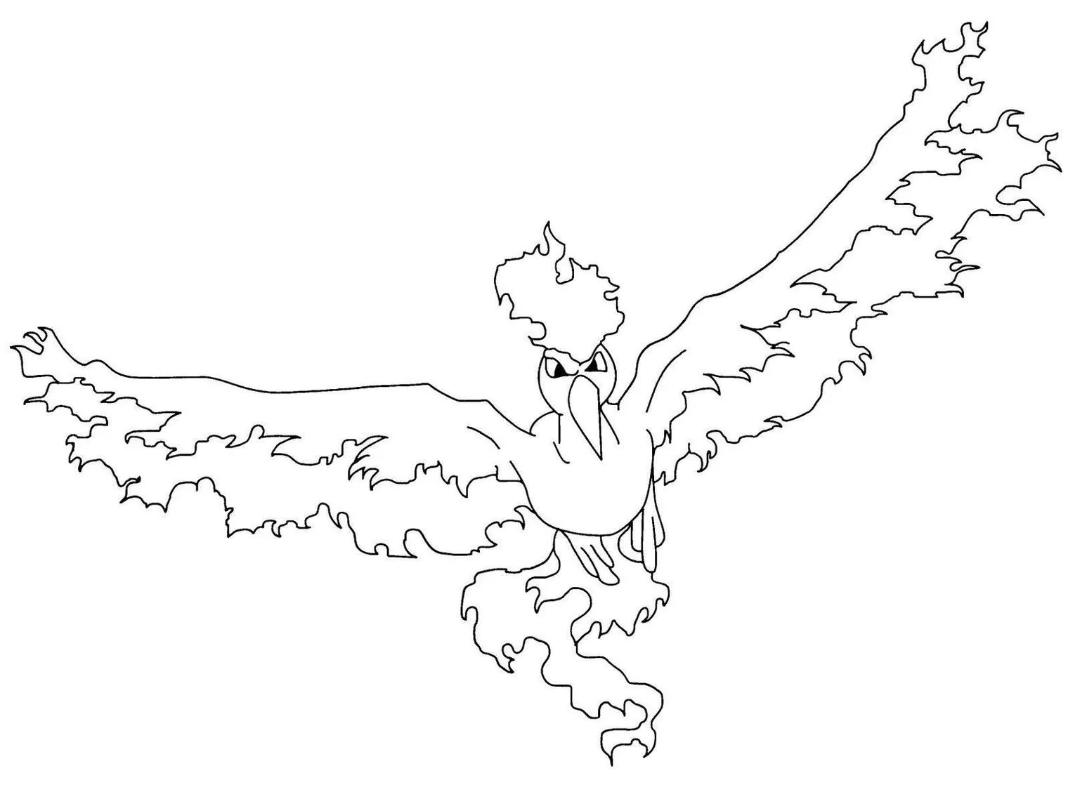 Desenhos de Pokémons para colorir Moltres - Derretrês Moltres para colorir: Desenho de Pokémon lendário de fogo com asas e cauda flamejantes.