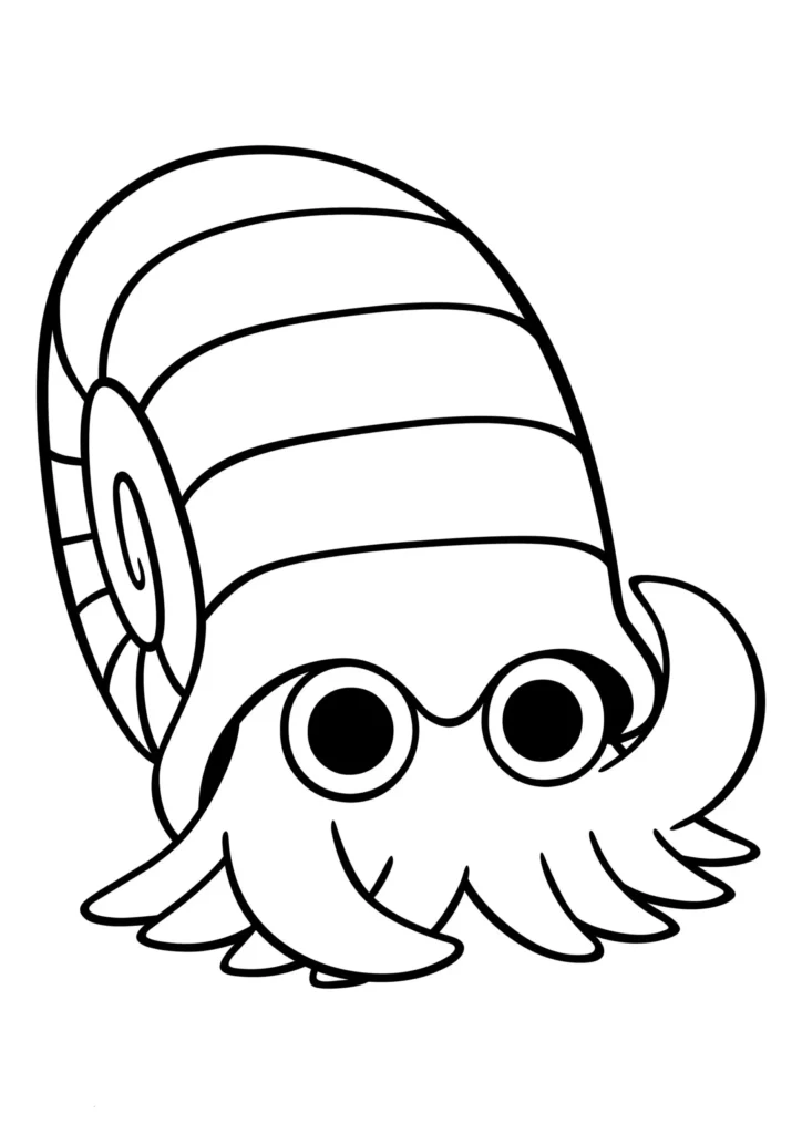 Omanyte para colorir: desenho do Pokémon marinho com corpo em concha espiralada e tentáculos.