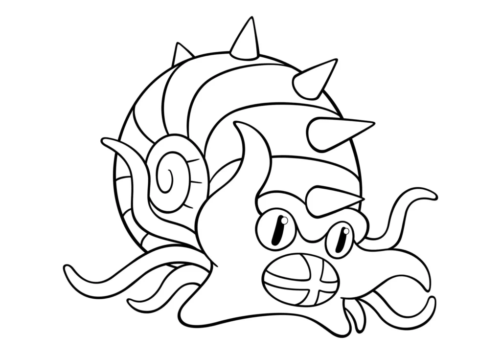 Pokémon Omastar com concha espiral e espinhos, ideal para colorir.
