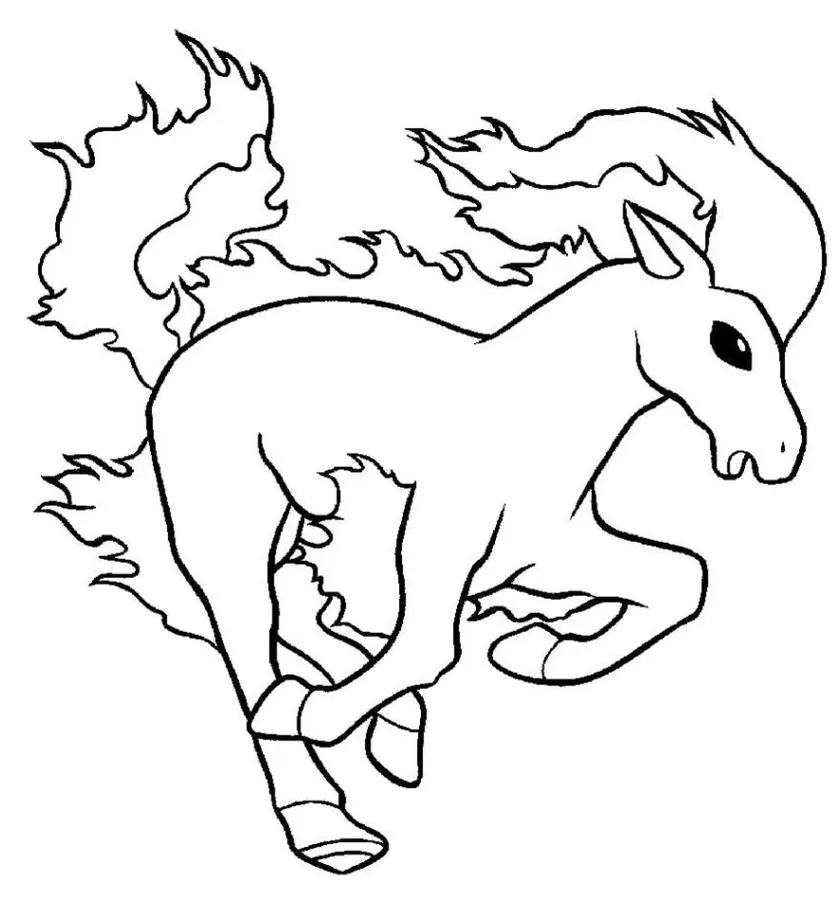 Ponyta para colorir: Desenho do Pokémon Ponyta em movimento com crina e cauda flamejantes.