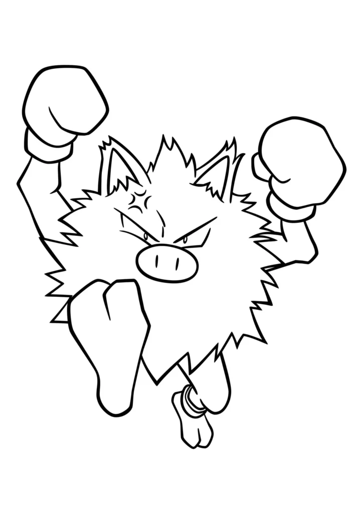 Primeape para colorir: Desenho de Pokémon Lutador com pose de combate.