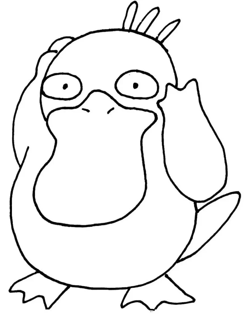 Desenho de Psyduck para colorir. Pokémon aquático com as mãos na cabeça, ideal para atividades artísticas.