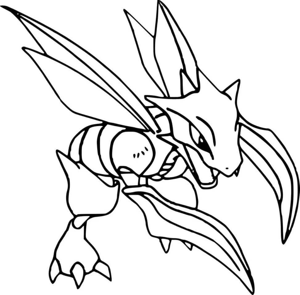 Scyther para colorir: Desenho de Pokémon Inseto/Voador com foices.