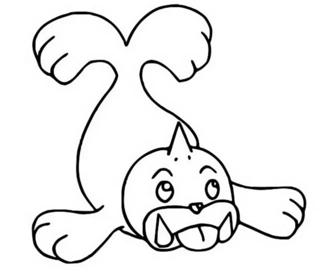 Pokémon Seel (Foca) para colorir. Desenho do Pokémon com cabeça para baixo, mostrando língua e presas, nadadeiras laterais e barbatana na cabeça.