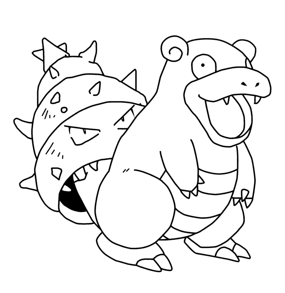 Pokémon Slowbro (Manolerdo) para colorir. Desenho com linhas marcadas, mostrando Slowbro sorrindo com uma criatura irritada presa à sua cauda.