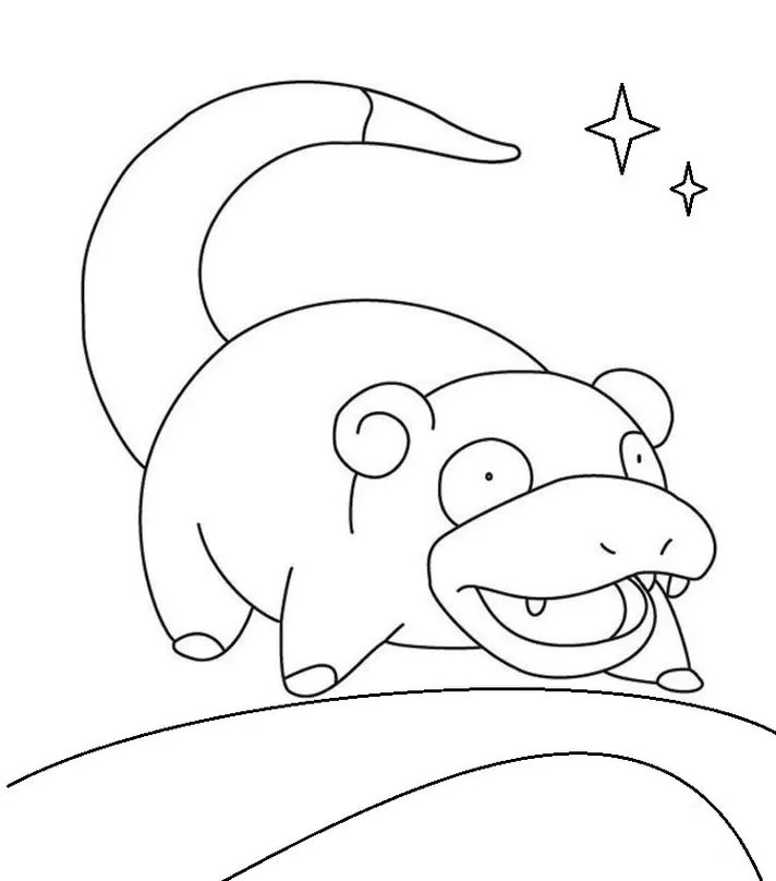 Slowpoke para colorir: Desenho de Pokémon Lerdo sorrindo com estrelas ao fundo.