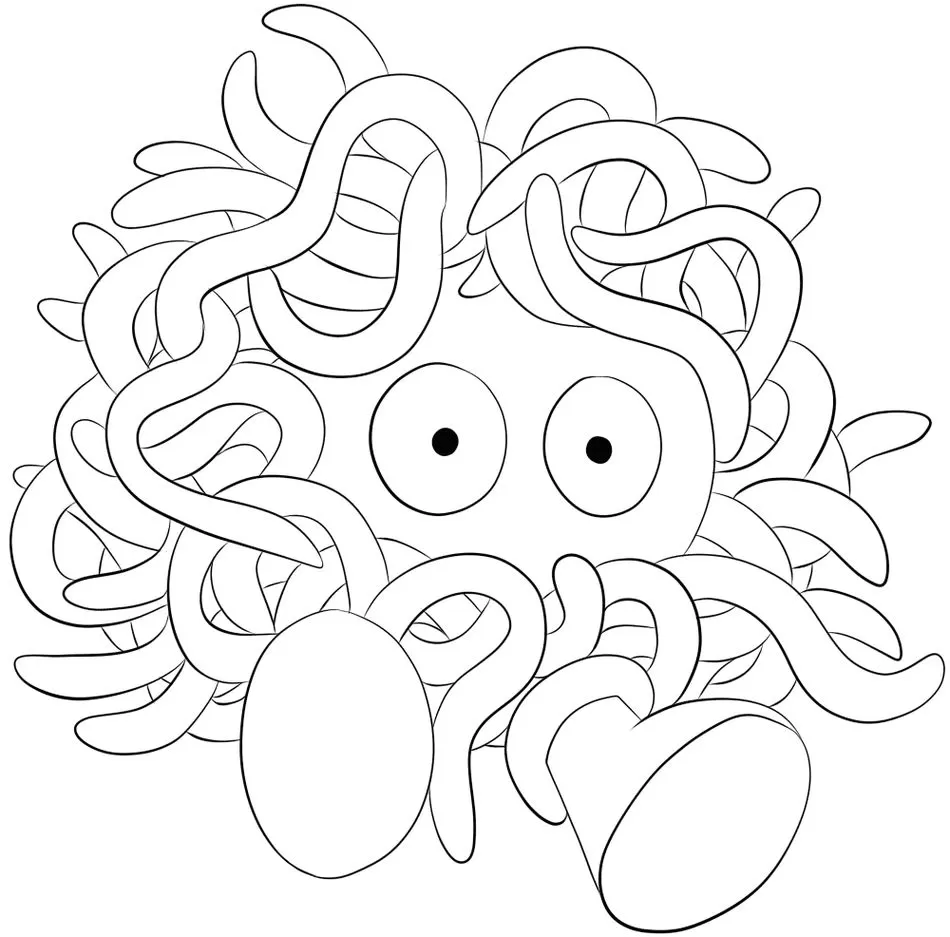 Tangela: Desenho de Pokémon Embolusa para colorir. Arte de um Pokémon coberto por cipós com grandes olhos.
