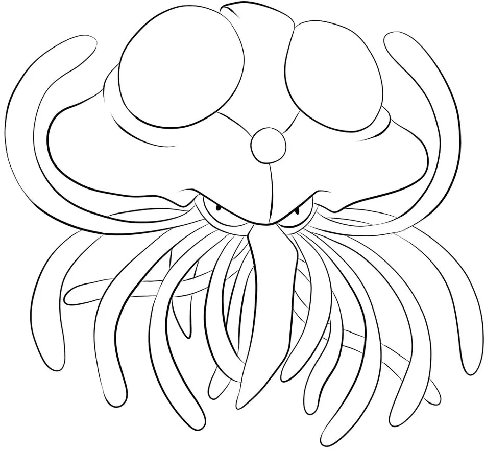 Tentacruel para colorir: Desenho artístico de Pokémon aquático com tentáculos e olhos expressivos.