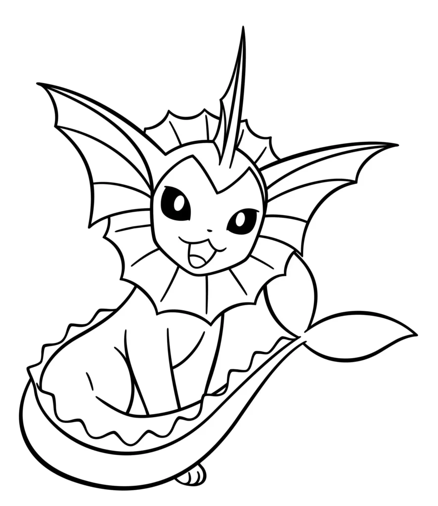 Vaporeon para colorir: Desenho de Pokémon tipo água, sentado e sorrindo, perfeito para atividades de pintura.