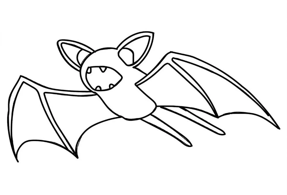 Zubat, o Pokémon Morcego, para colorir. Desenho com asas abertas e boca revelando os dentes.