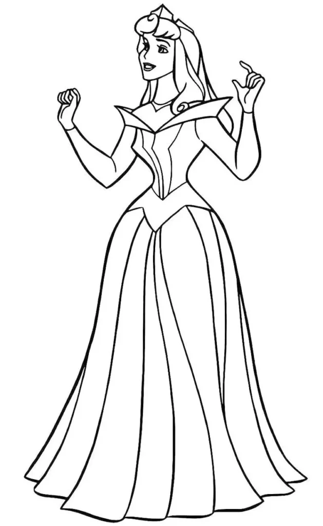 Princesa Aurora para colorir em PDF: Desenho da Bela Adormecida com vestido e coroa.