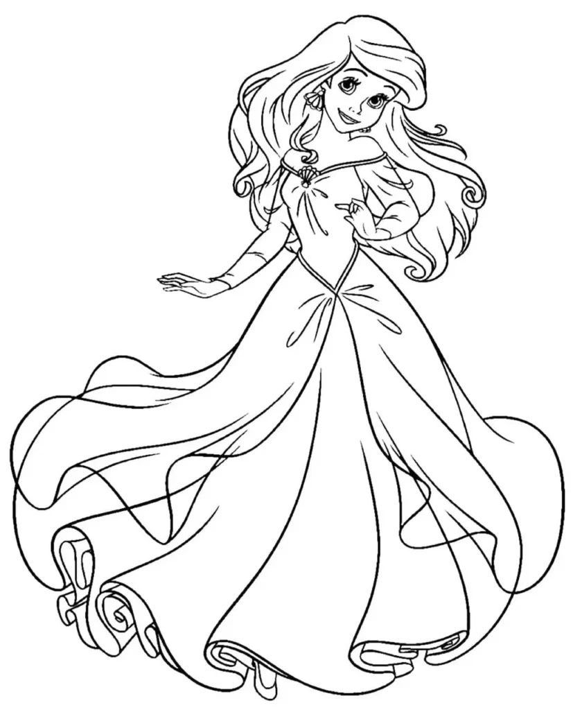 Ariel com vestido elegante para colorir
