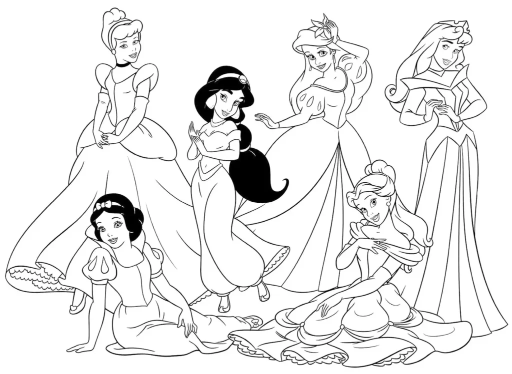 Princesas Disney reunidas em desenhos para colorir: Cinderela, Jasmine, Ariel, Aurora, Bela e Branca de Neve.