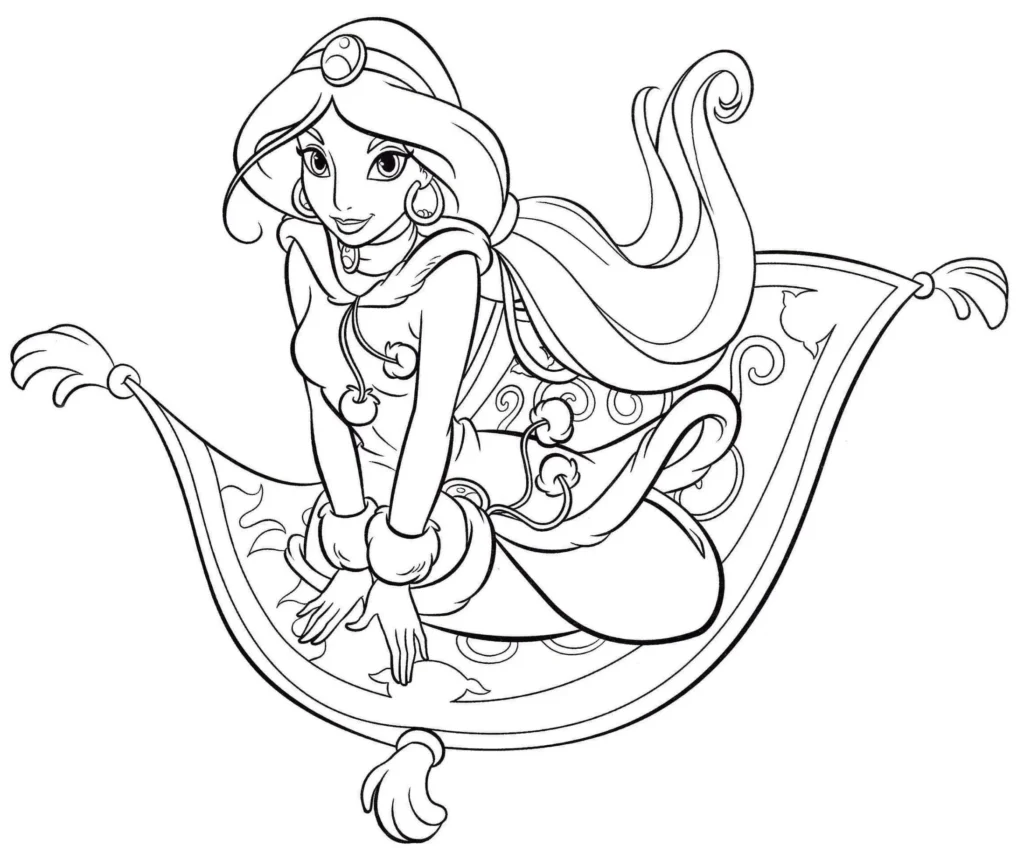 Jasmine da Disney sentada em tapete mágico, pronta para colorir.