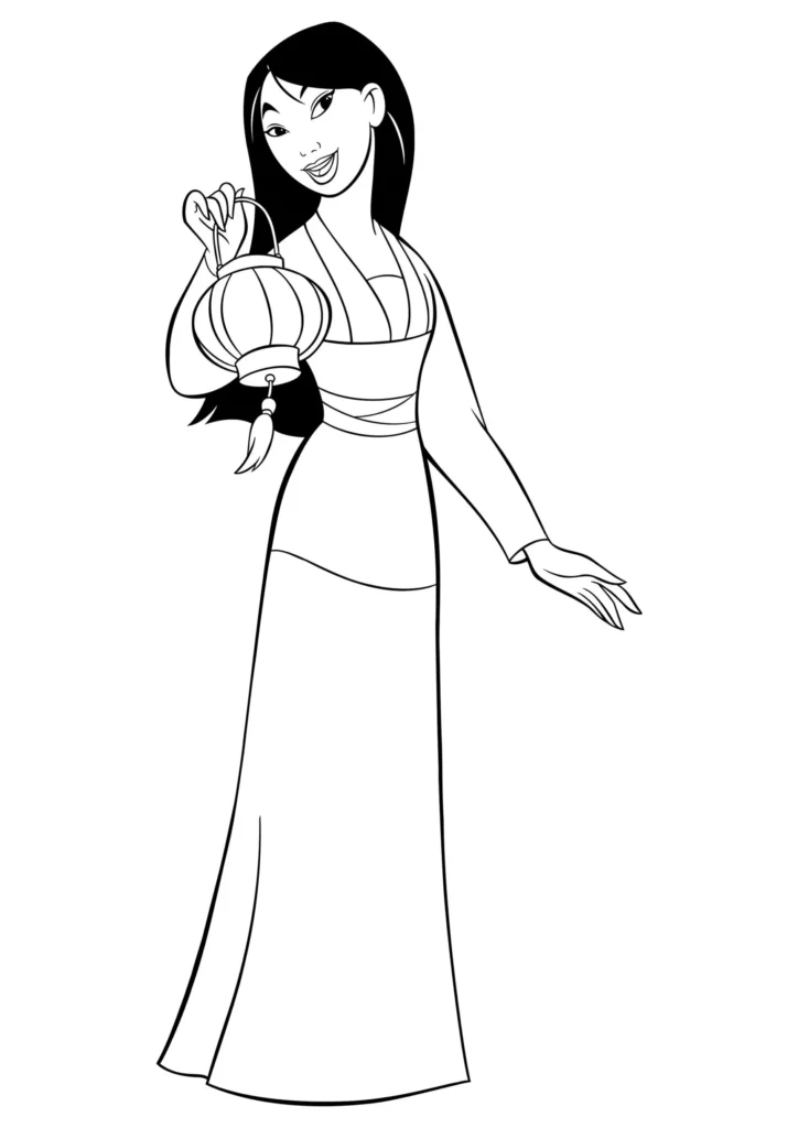Mulan para colorir: Desenho de princesa em traje oriental com lampião