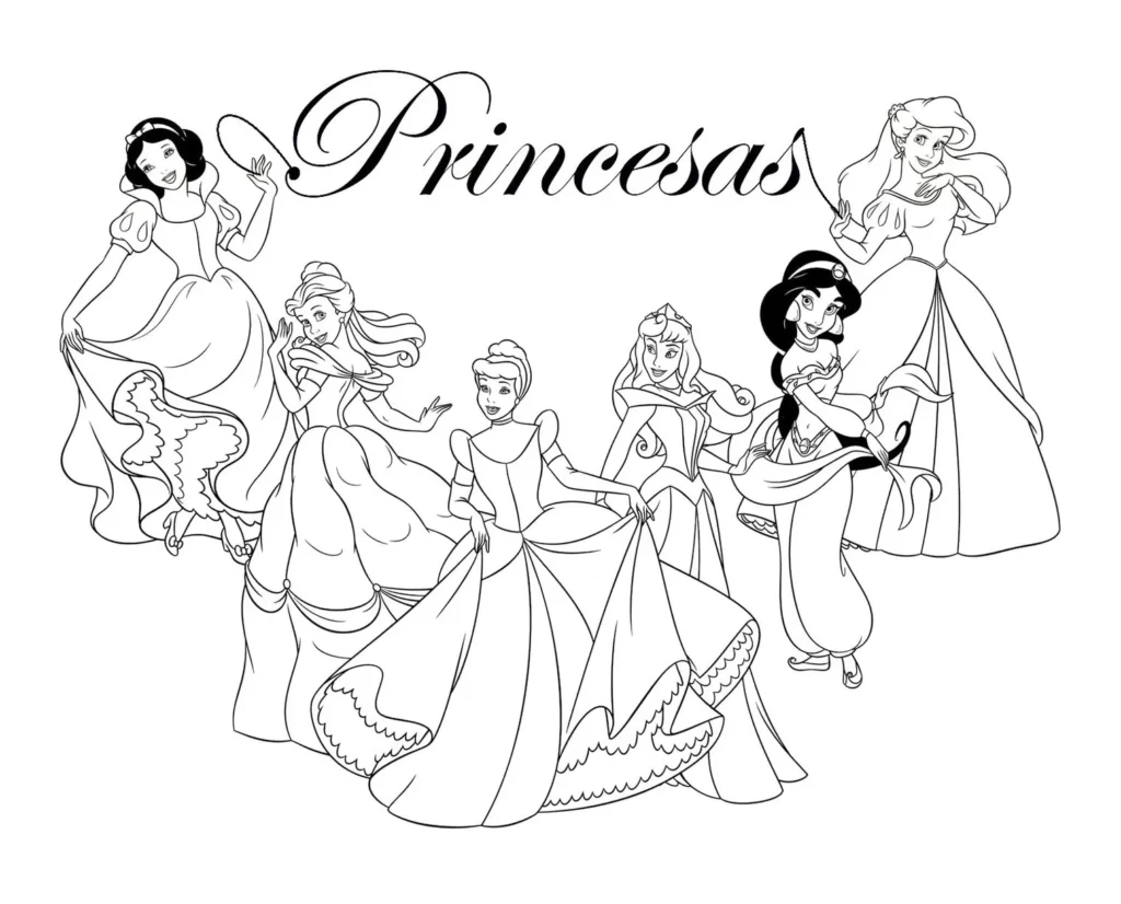 Coleção de princesas da Disney para colorir: Branca de Neve, Bela, Cinderela, Aurora, Jasmine e Ariel em trajes elegantes.