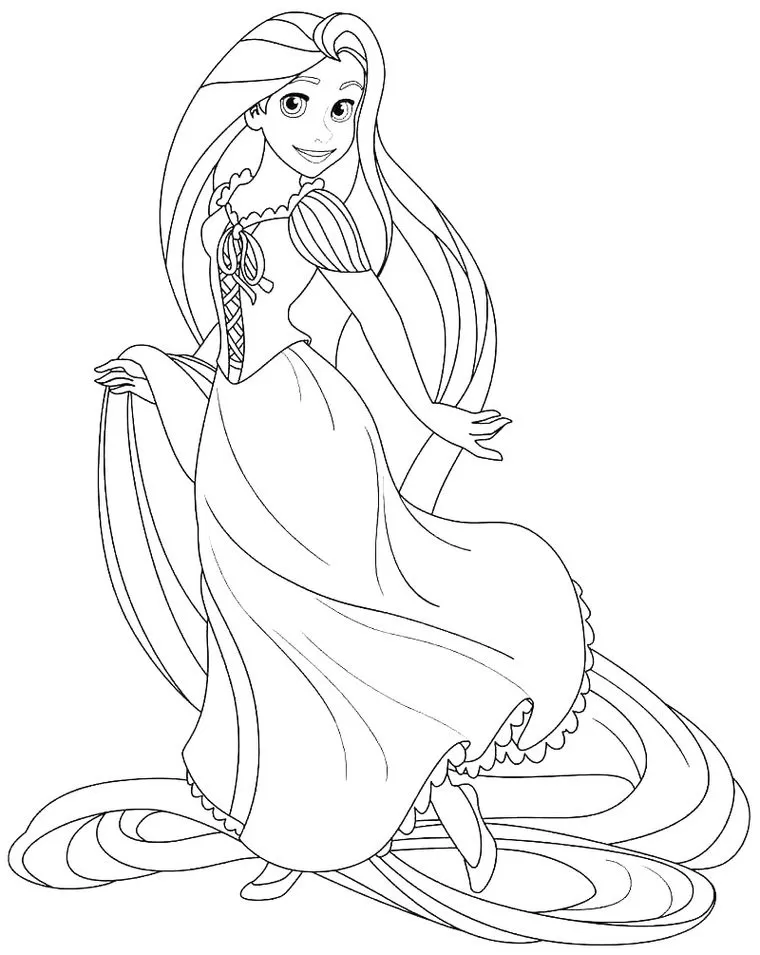 Rapunzel para colorir: Desenho da princesa de longos cabelos em PDF.
