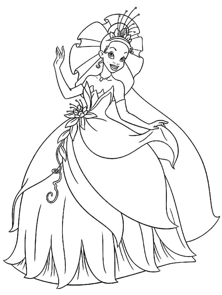 Tiana para colorir: Desenho da princesa com vestido floral, ideal para atividades criativas.