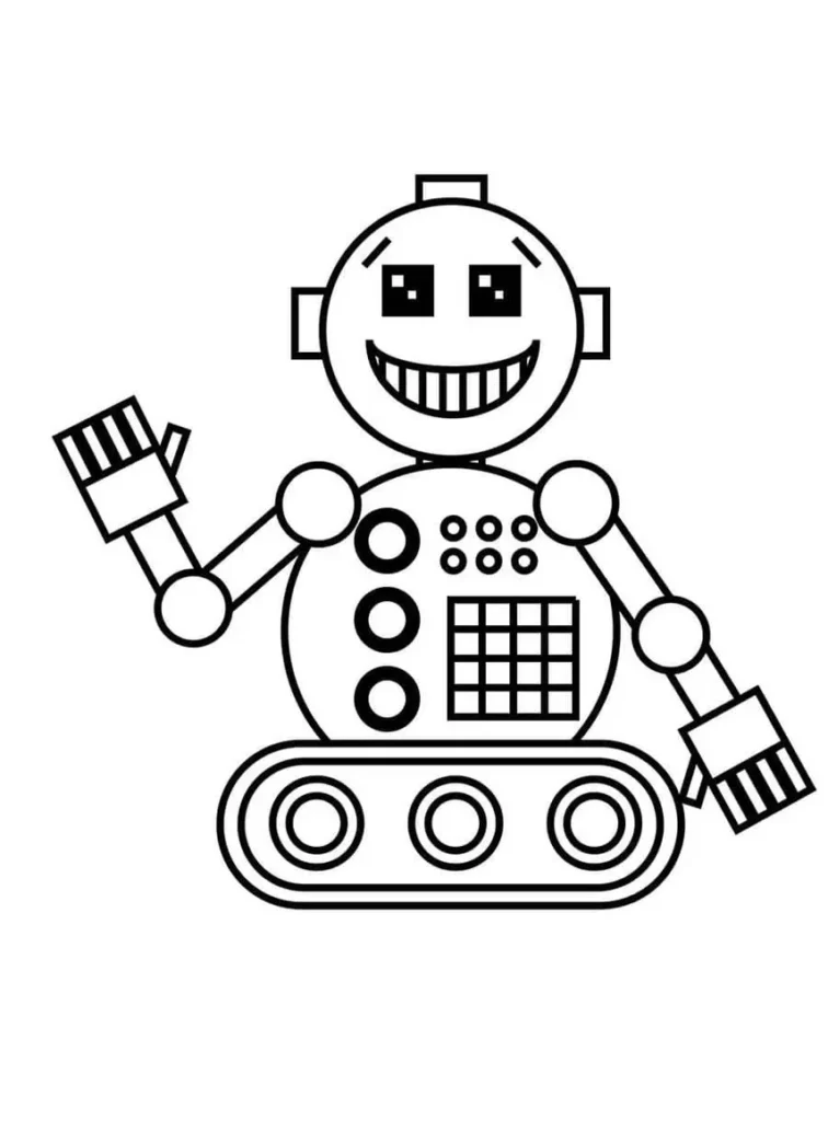 Robô sorridente com corpo circular para colorir. Design com olhos quadrados, boca grande e esteiras.