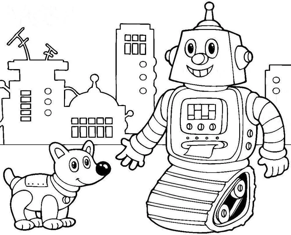 Robôs e cãozinho robótico em cena urbana para colorir. Desenho divertido com robô sorrindo e cachorro amigável.