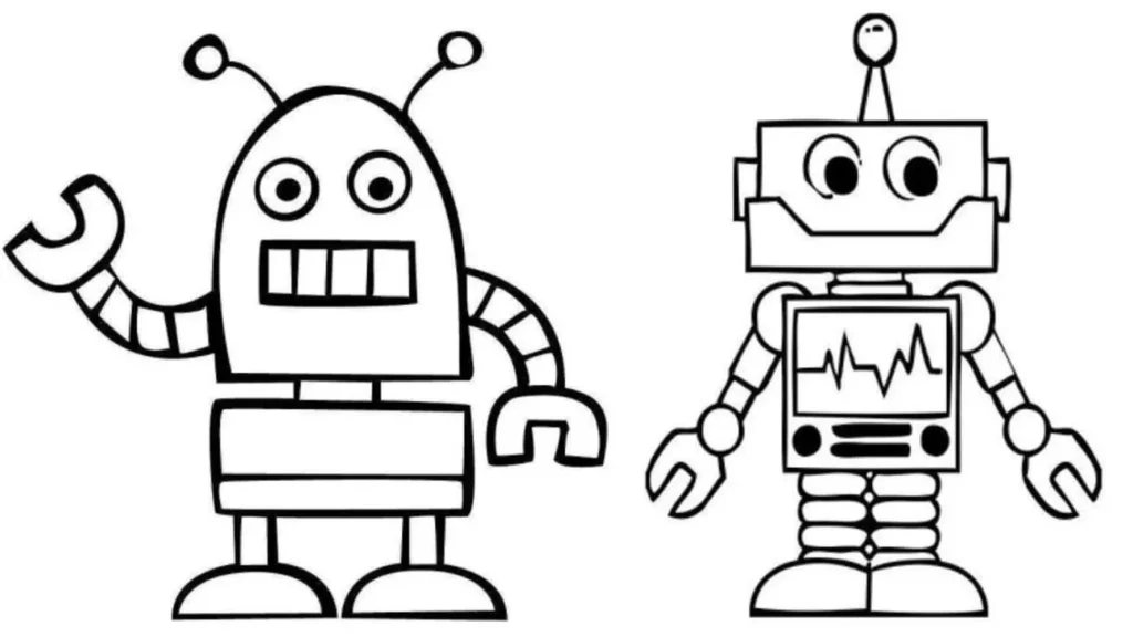 Desenho para colorir: dois robôs com design divertido e traços marcantes.
