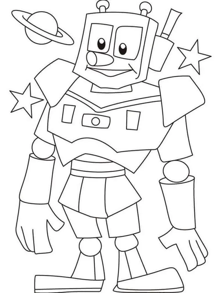 Robô sorridente para colorir: Desenho divertido com formas geométricas e planeta ao fundo.