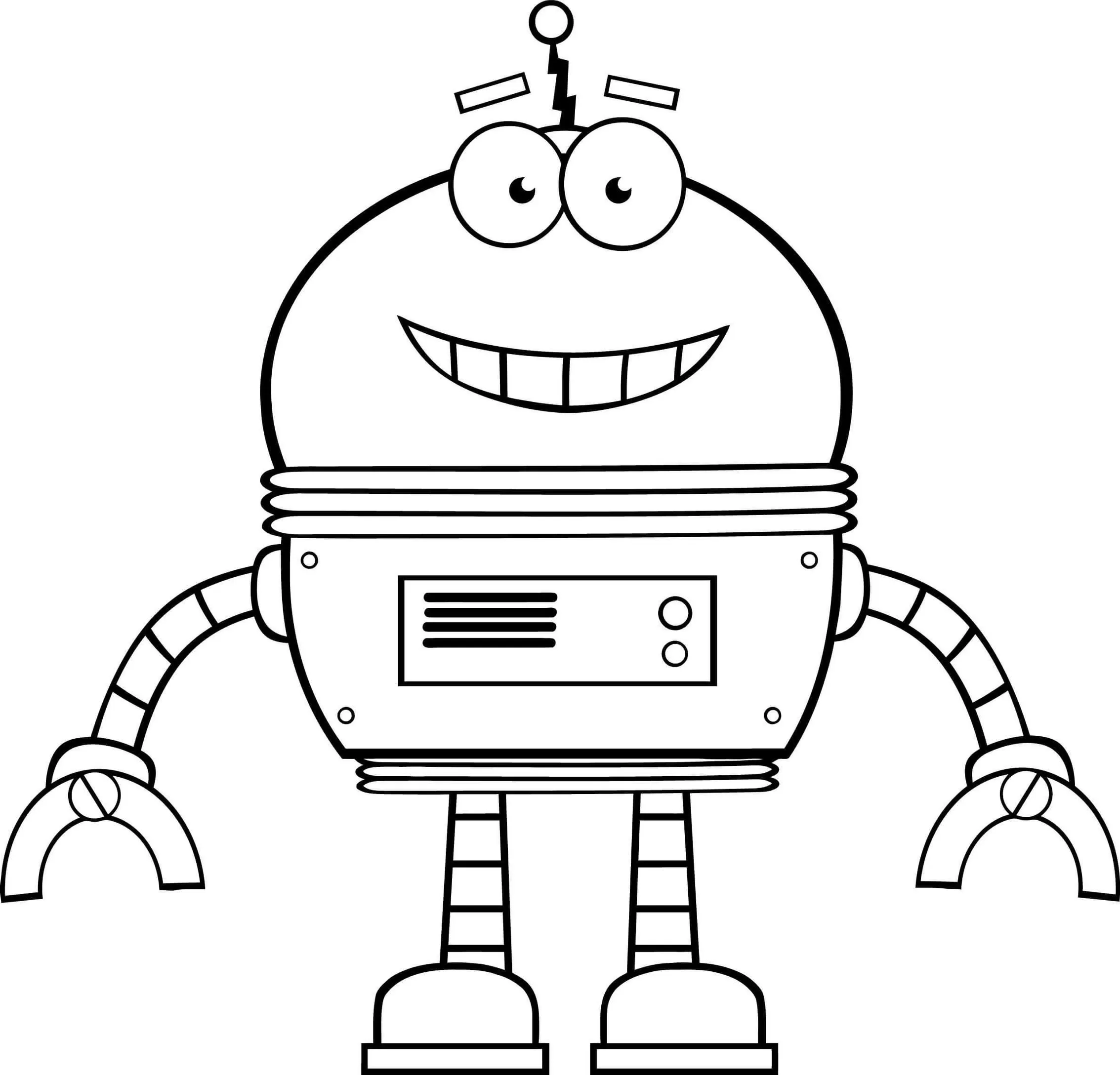 Robô Gordinho sorridente para colorir. Desenho divertido com antena, corpo cilíndrico e pinças.